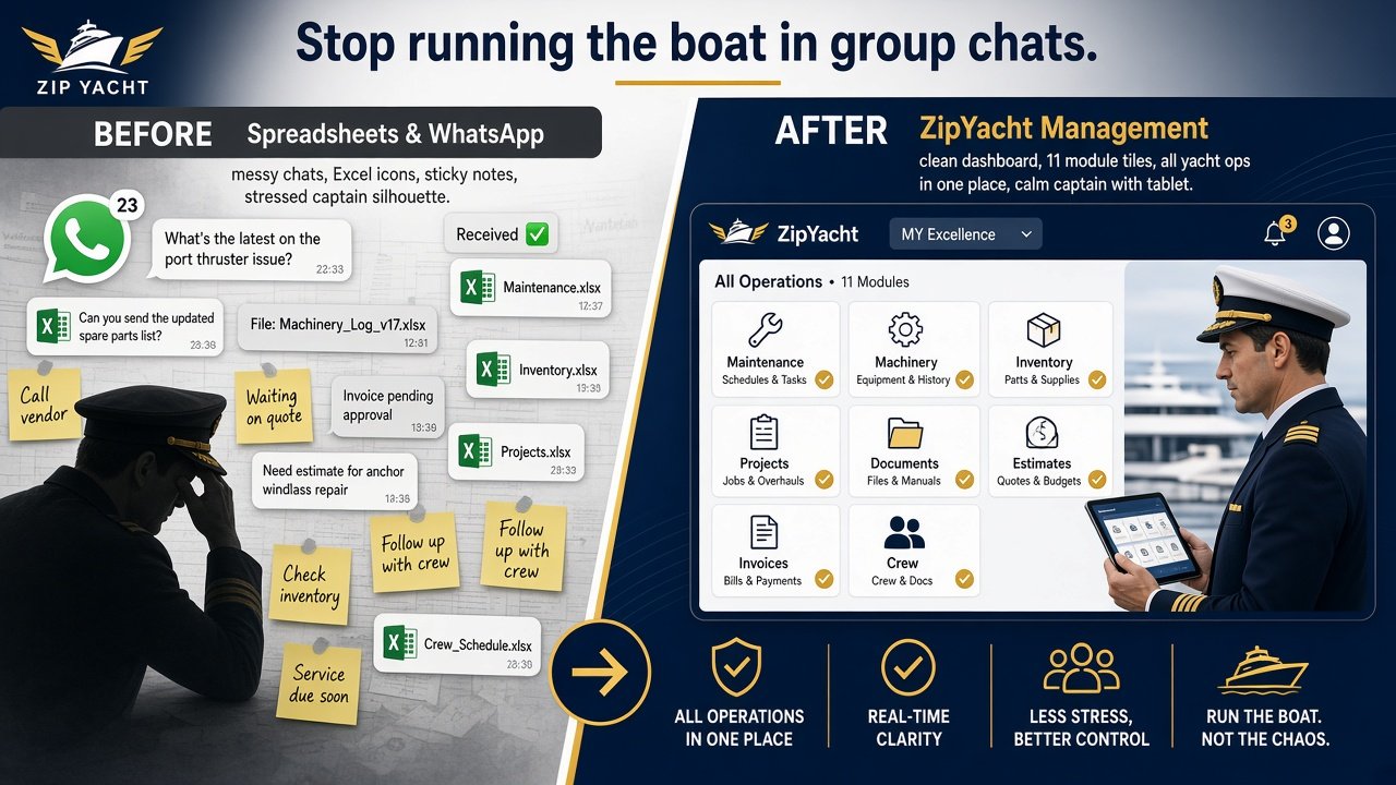 Spreadsheet and WhatsApp chaos vs one-login ZipYacht Management