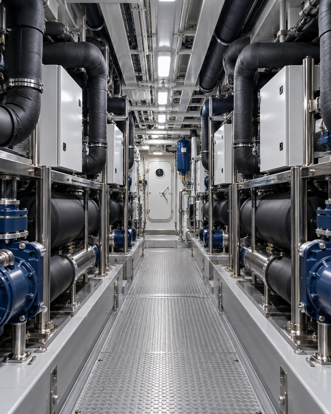 AI illustration of a marine cooling plant with insulated pipes and a service aisle.