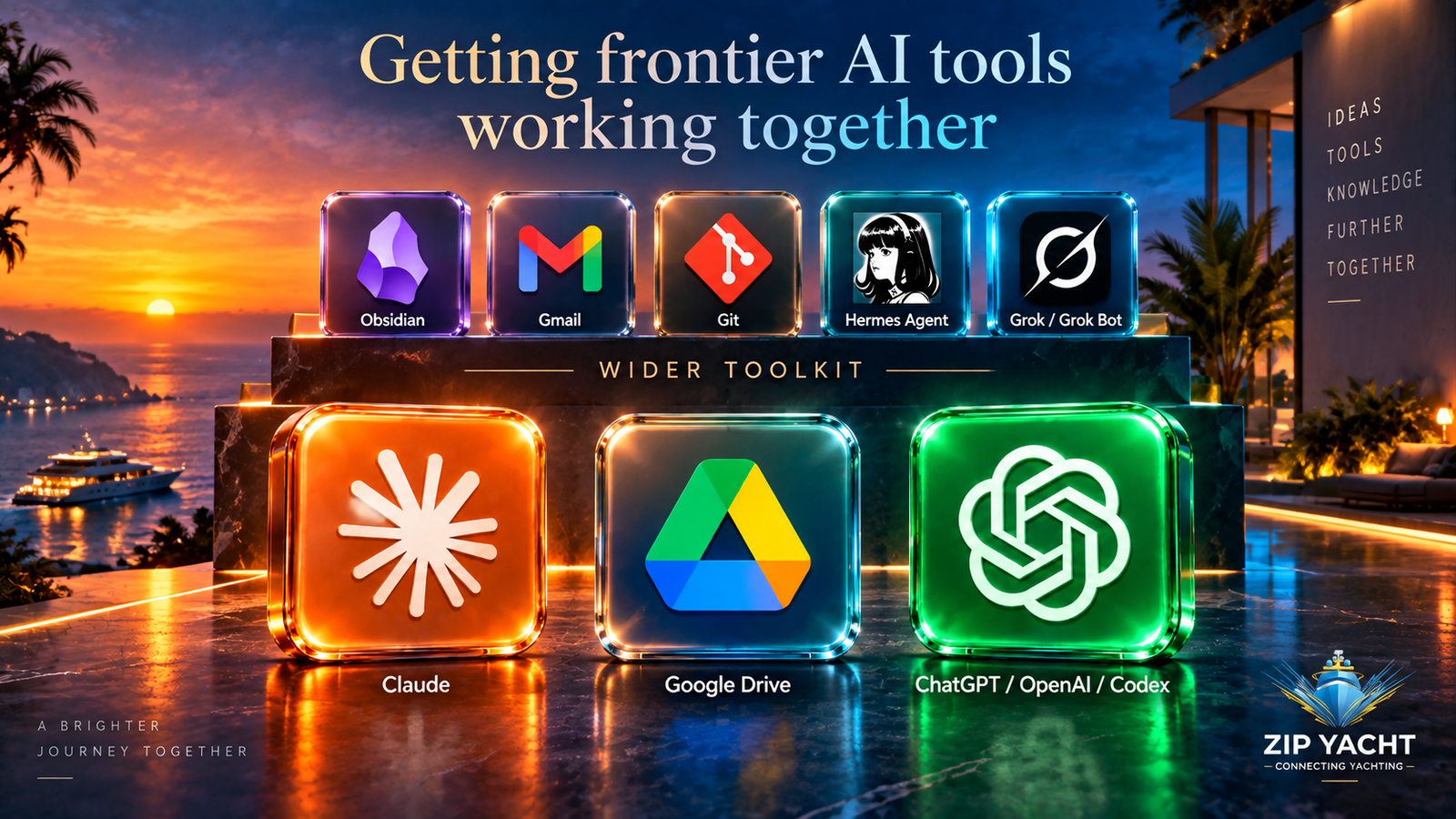 Claude, Google Drive and ChatGPT/Codex in front of a wider toolkit including Obsidian, Gmail, Git, Hermes Agent and Grok.