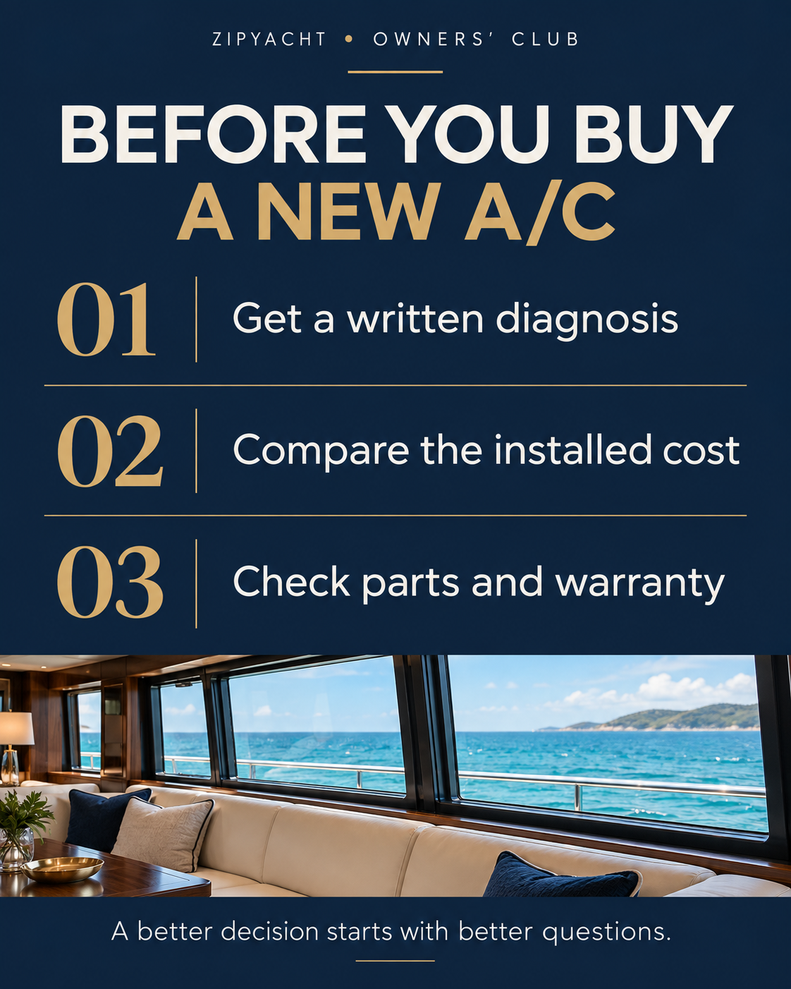 Before buying a new marine AC: get a written diagnosis, compare installed cost, and check parts and warranty.