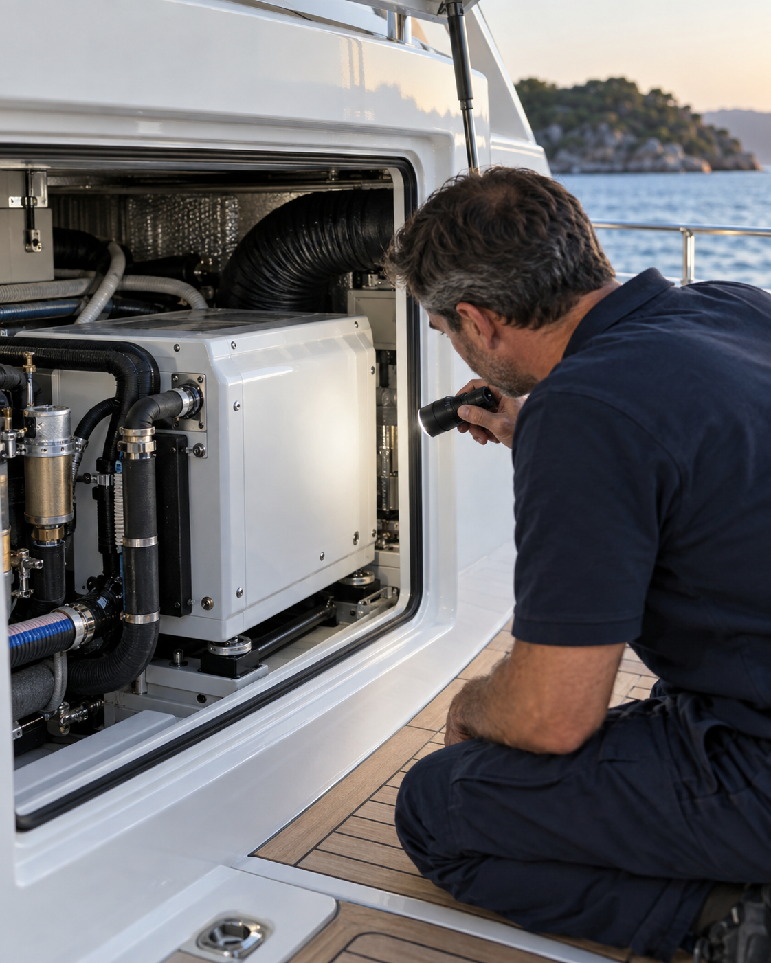AI illustration of a technician inspecting marine cooling equipment with a flashlight.