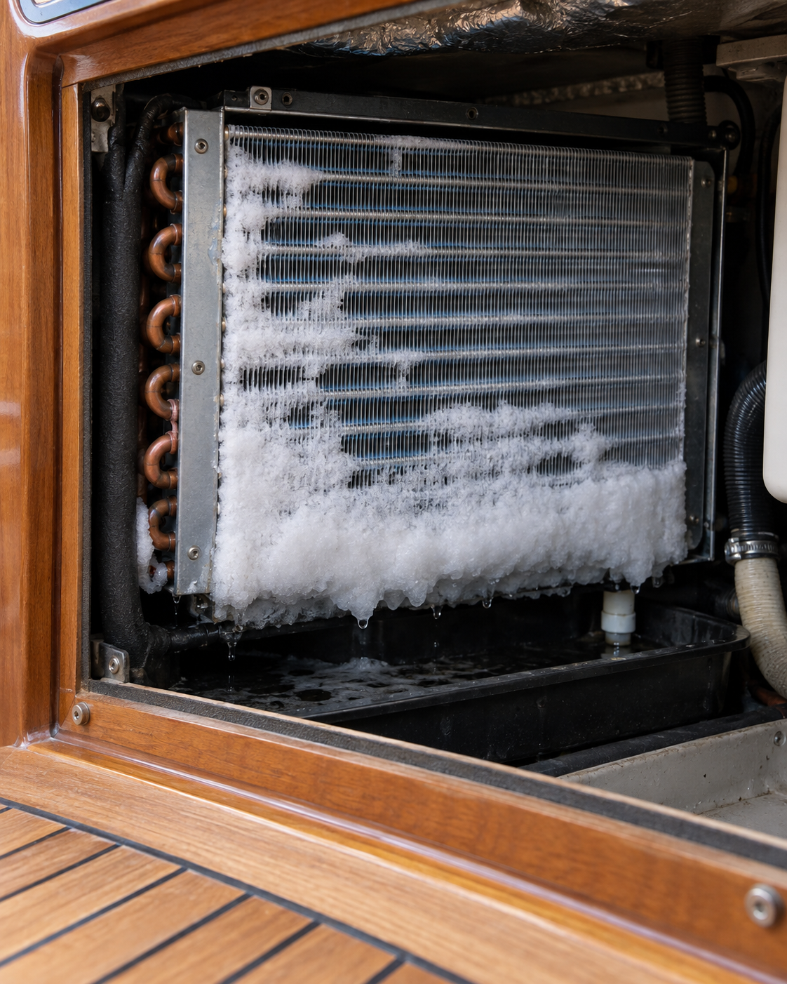 AI-generated marine AC illustration: ice on the coil.