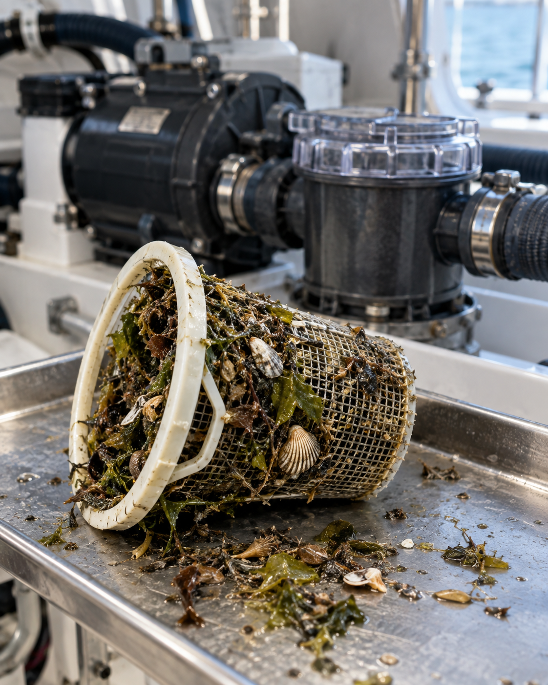 AI-generated marine AC illustration: debris in the strainer.
