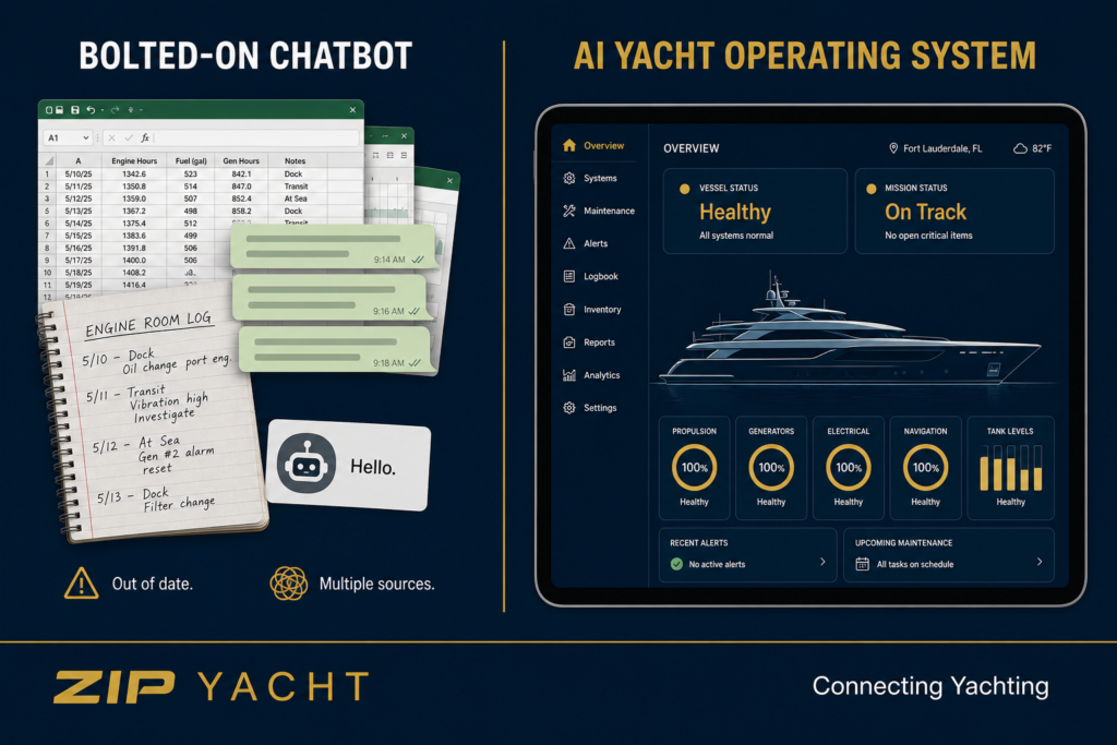 Bolted-on chatbot versus an AI yacht operating system. Zip Yacht, Fort Lauderdale.