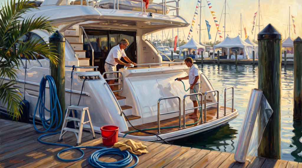 Yacht crew preparing a motor yacht at a Fort Lauderdale marina before the Fort Lauderdale International Boat Show