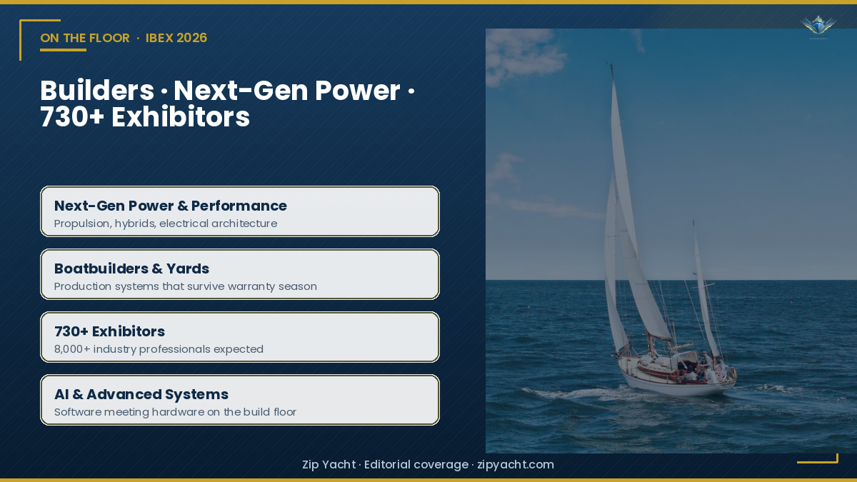 IBEX 2026 editorial graphic highlighting boatbuilders, Next-Gen Power, 730-plus exhibitors, and AI systems