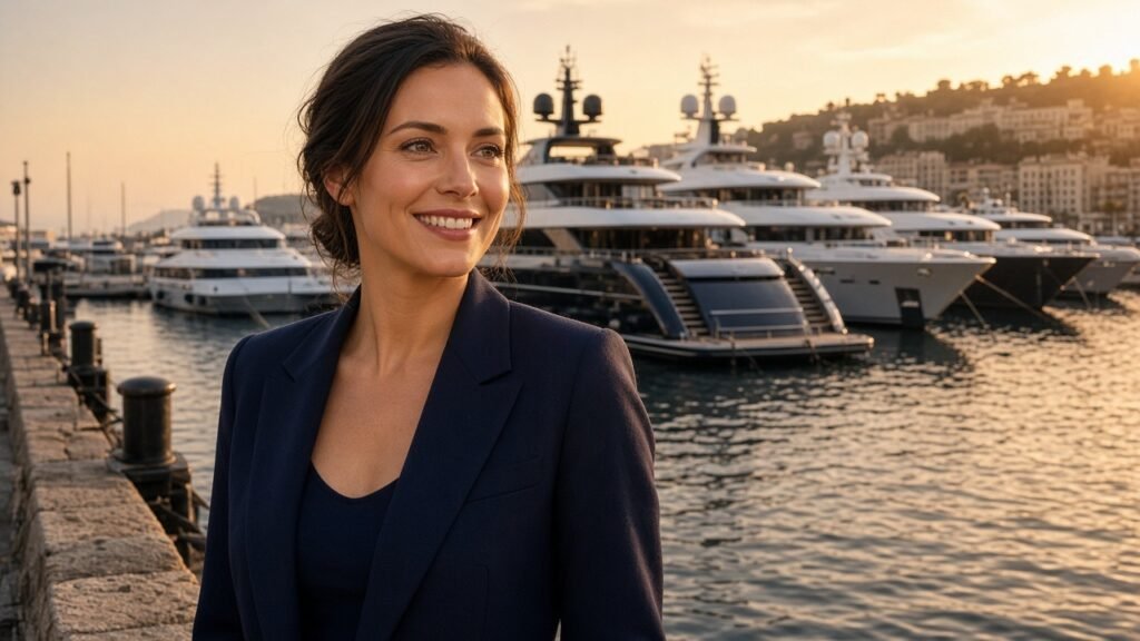 Illustration: Sally, Zip Yacht's AI show-desk agent, on the quay at Port Hercule during Monaco Yacht Show week