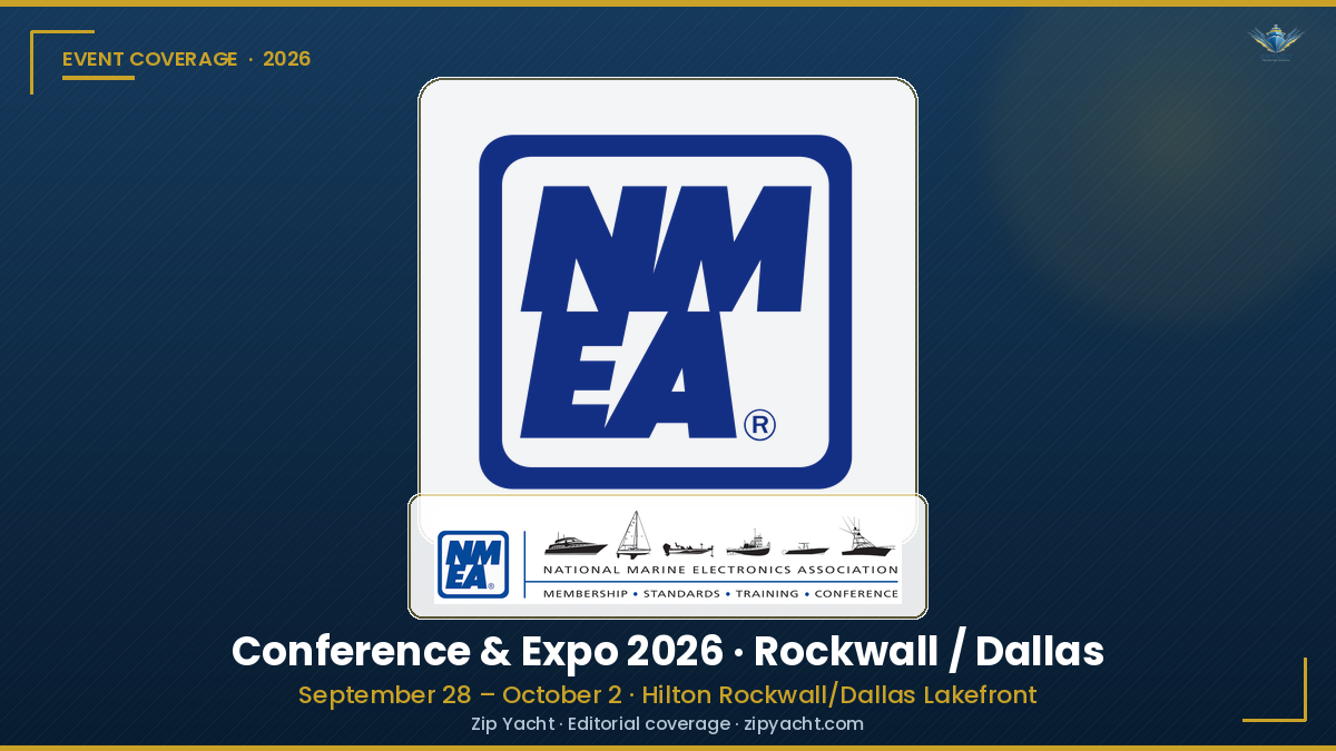 Official NMEA logo on Zip Yacht editorial card for Conference and Expo 2026 in Rockwall / Dallas, September 28–October 2