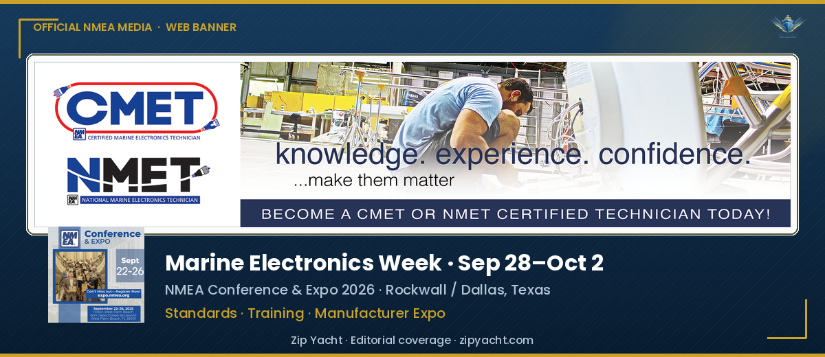 Official NMEA NMET/CMET web banner framed for Marine Electronics Week September 28–October 2, 2026