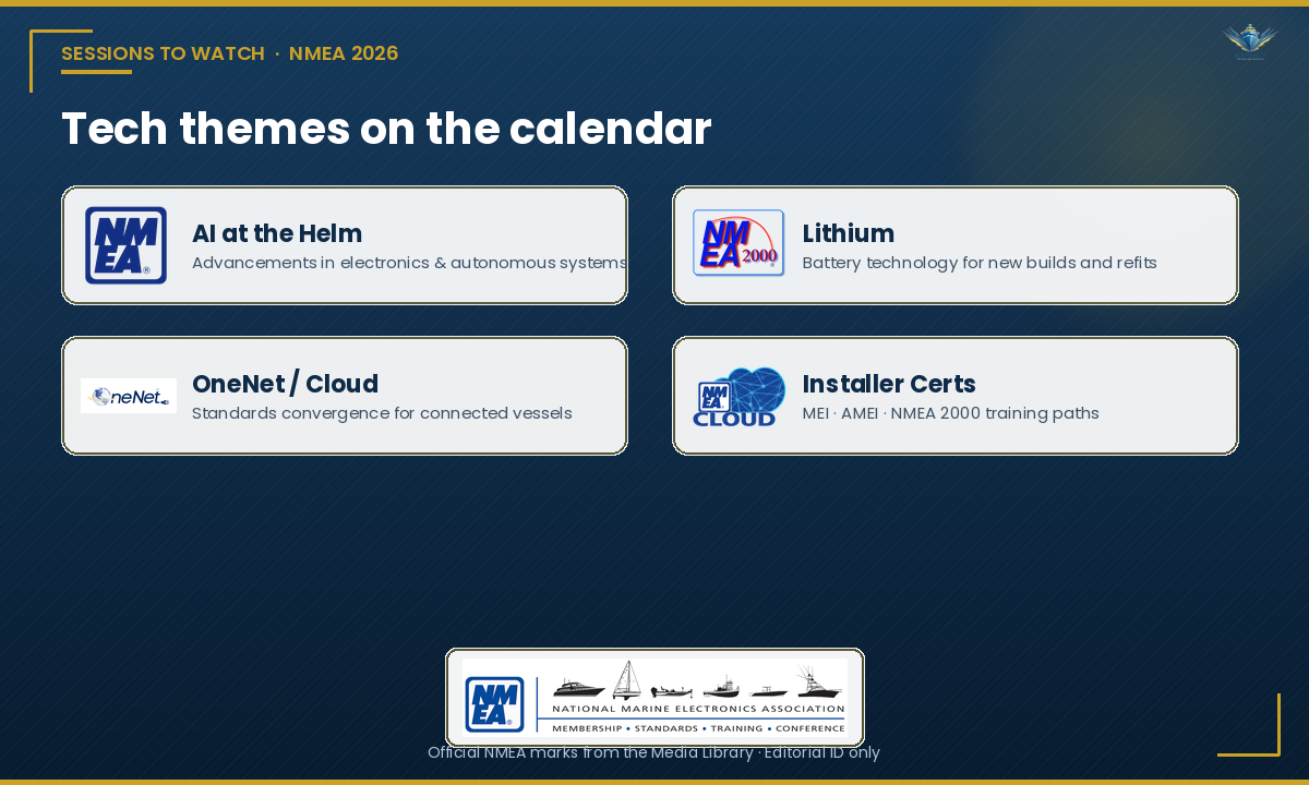 NMEA 2026 session themes callout: AI at the Helm, Lithium, OneNet and Cloud, Installer Certs with official NMEA marks