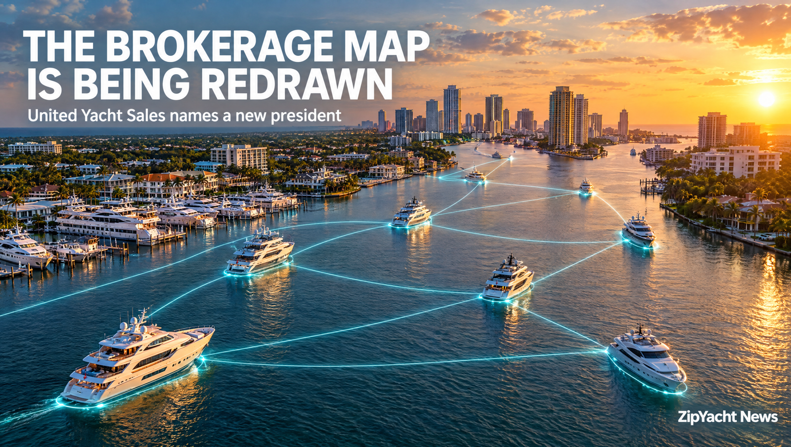 Aerial view of a South Florida marina with yachts linked by network lines — the yacht brokerage map is being redrawn