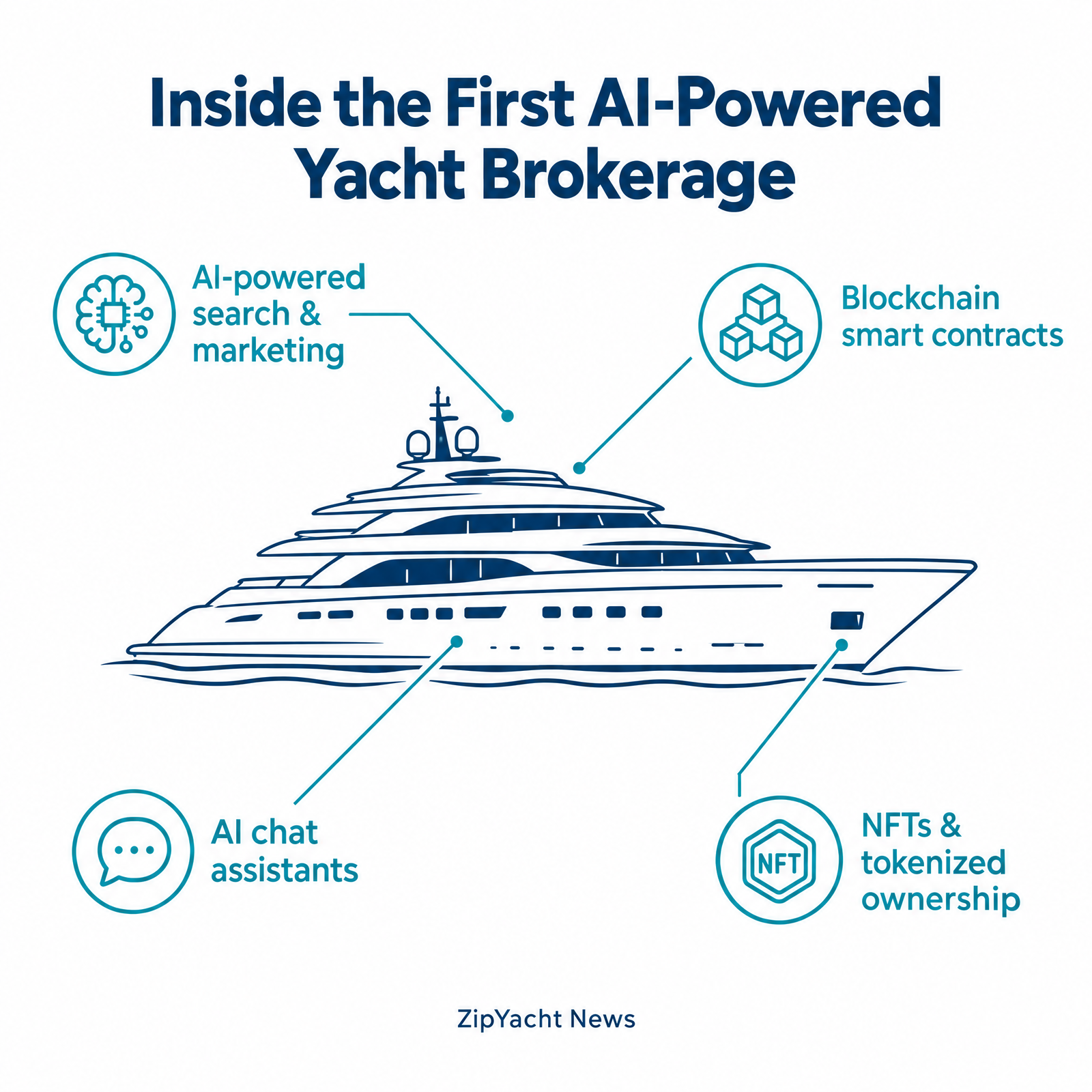 Infographic of a superyacht surrounded by the tools of an AI-powered brokerage: AI search, blockchain smart contracts, AI chat assistants and NFTs