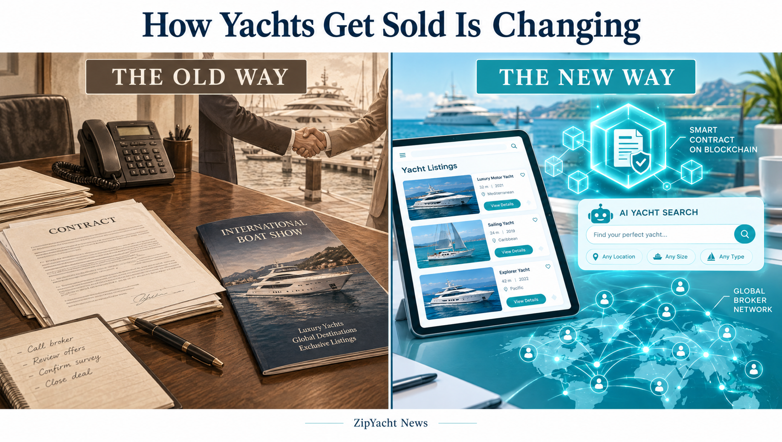 Split illustration comparing the old way of selling yachts with paper contracts and phone calls to the new way with digital listings, AI search and smart contracts