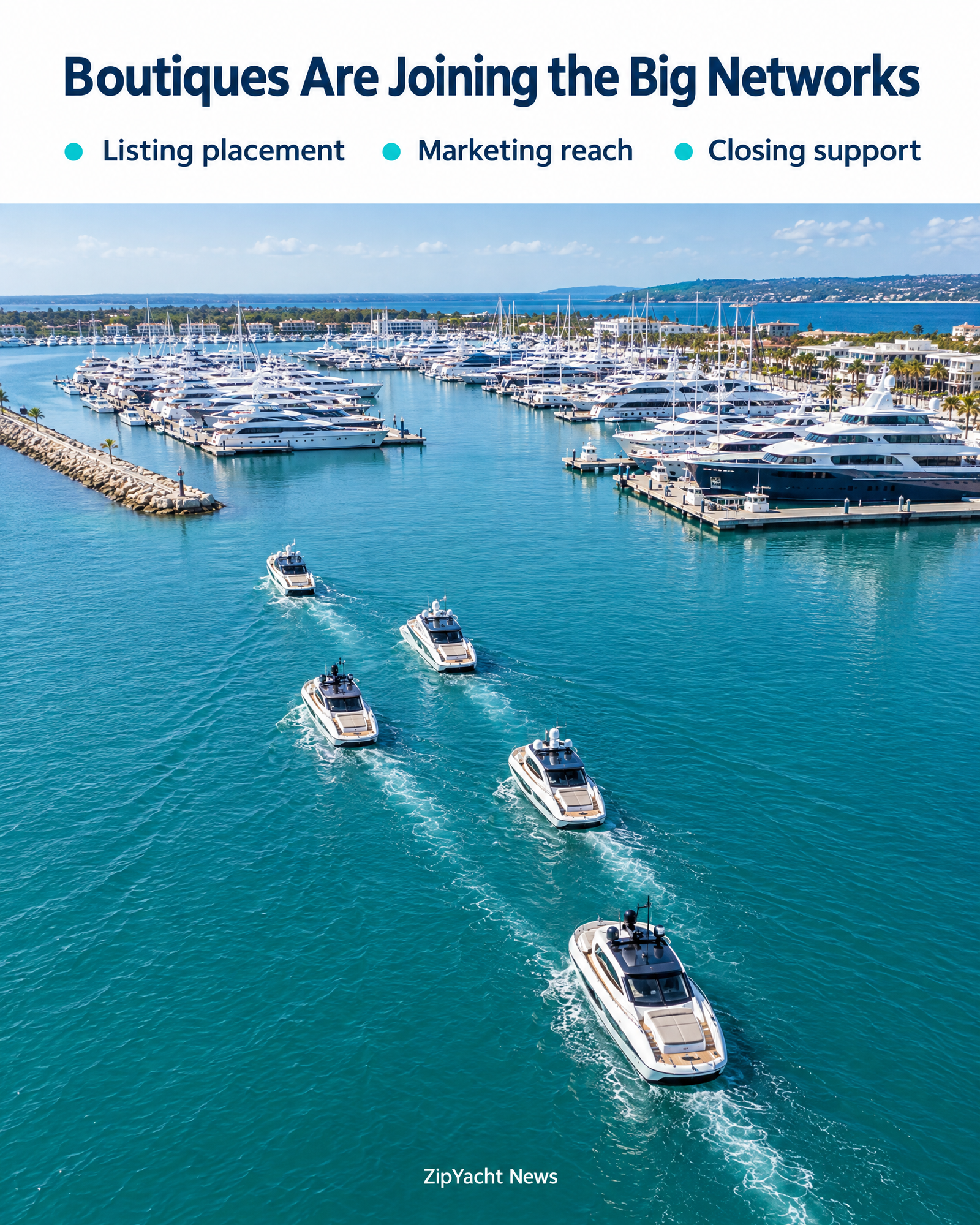 Small boutique yachts sailing to join a large fleet — boutique brokerages joining big networks for listing placement, marketing reach and closing support
