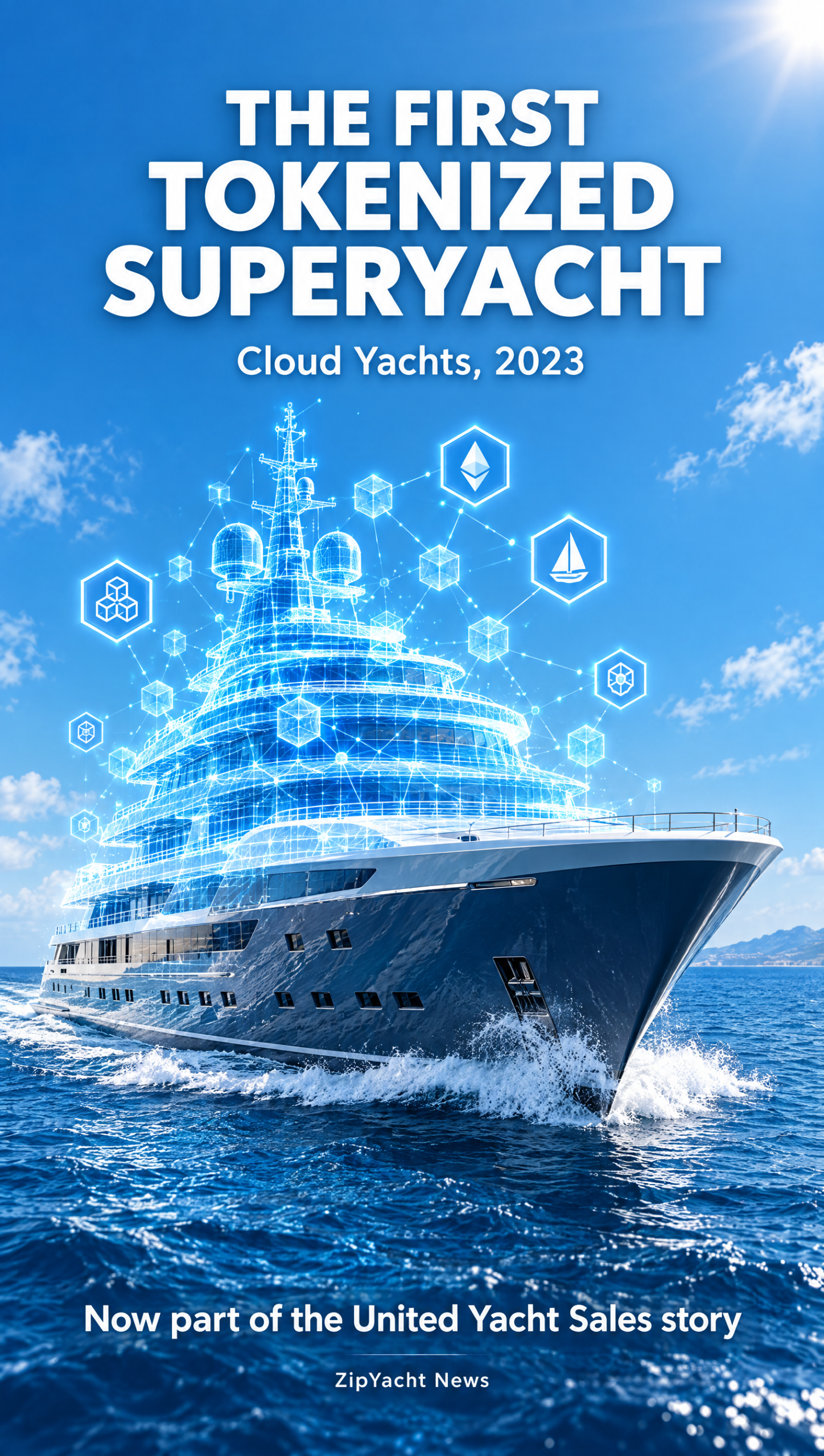 Illustration of a superyacht dissolving into digital blockchain blocks — the first tokenized superyacht, Cloud Yachts, 2023