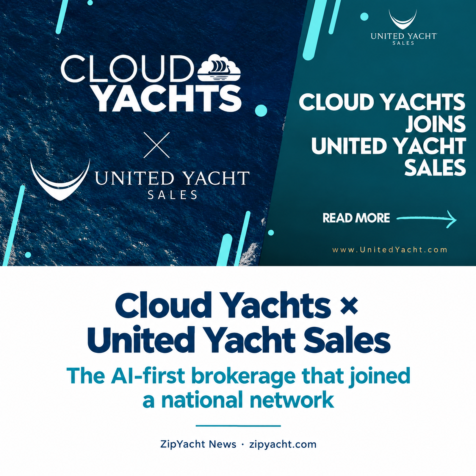 Cloud Yachts × United Yacht Sales announcement card — the AI-first brokerage that joined a national network