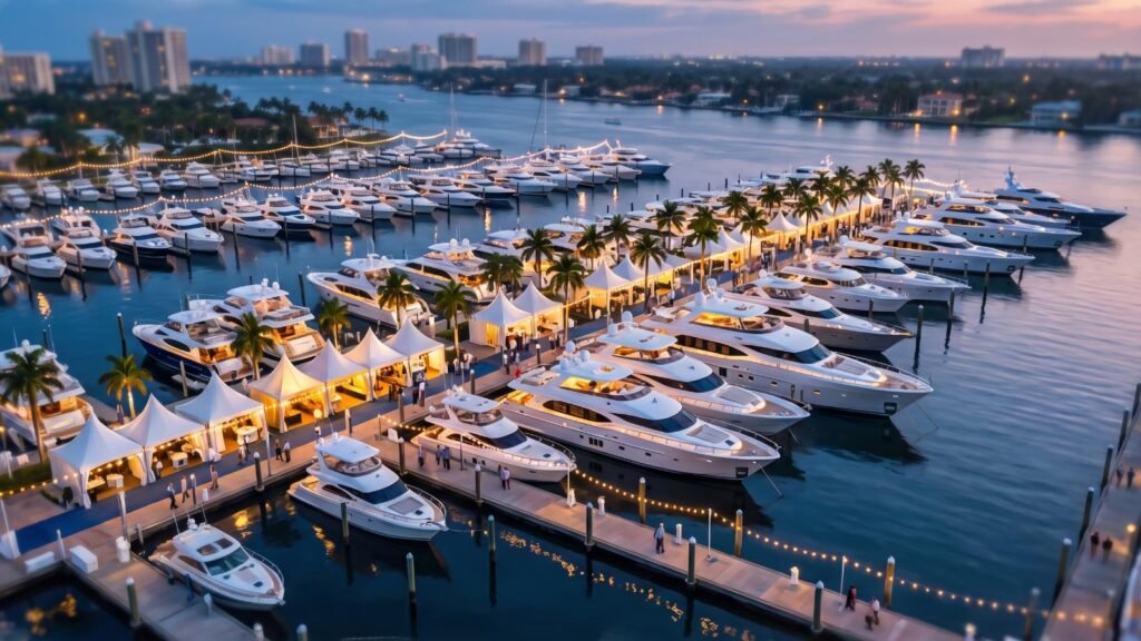 Fort Lauderdale boat show marina at blue hour