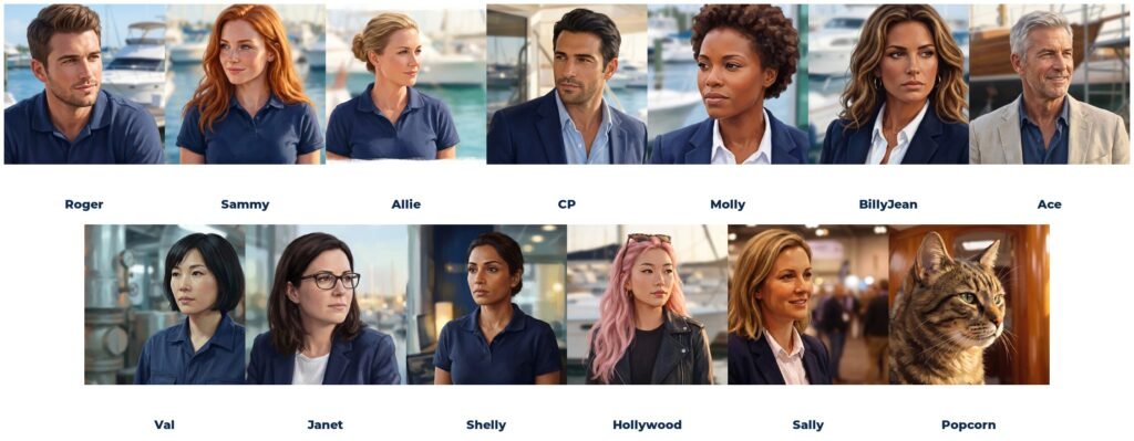 The thirteen ZipYacht AI specialists: Roger, Sammy, Allie, CP, Molly, BillyJean, Ace, Val, Janet, Shelly, Hollywood, Sally and Popcorn the cat