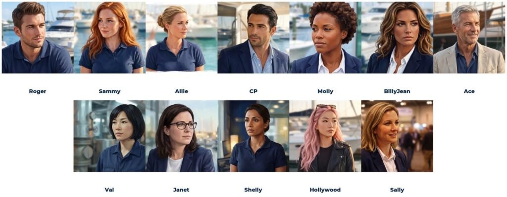 Zip Yacht's twelve AI specialists: Roger, Sammy, Allie, CP, Molly, BillyJean, Ace, Val, Janet, Shelly, Hollywood and Sally