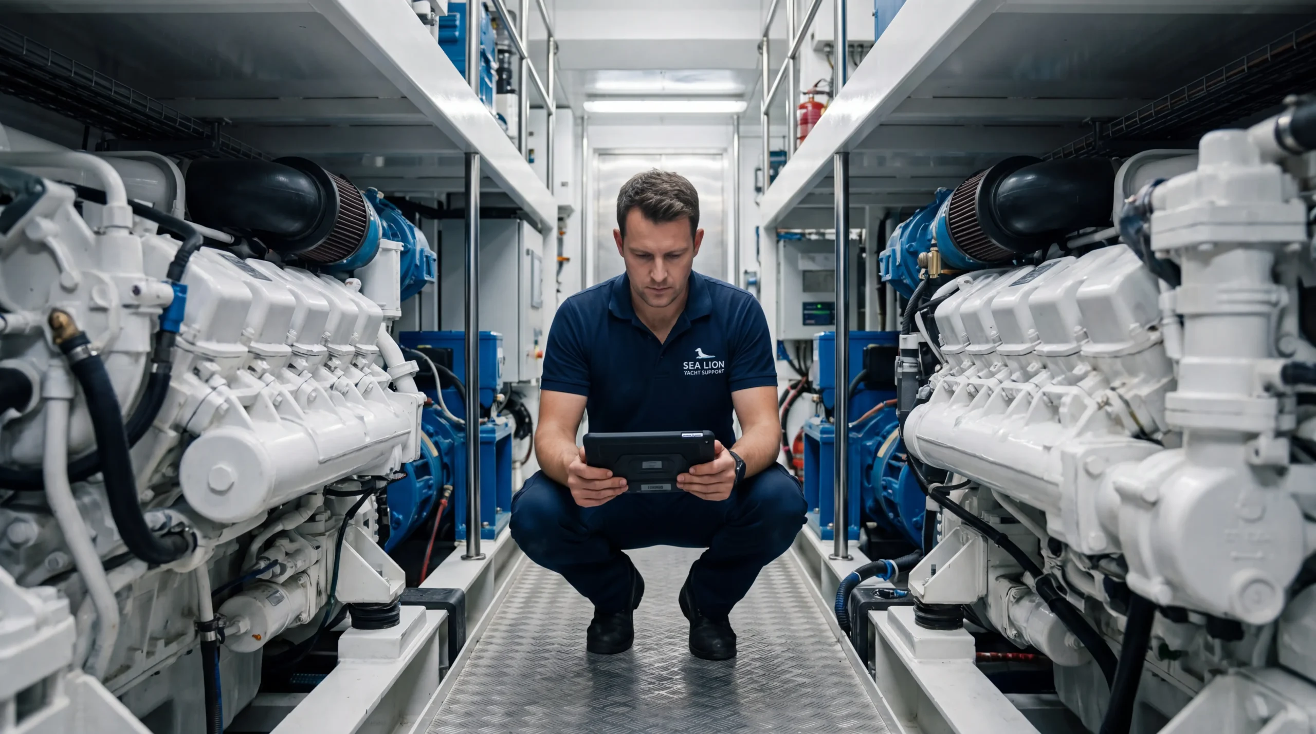 Yacht engineer with a tablet in a white engine room between two large marine diesels