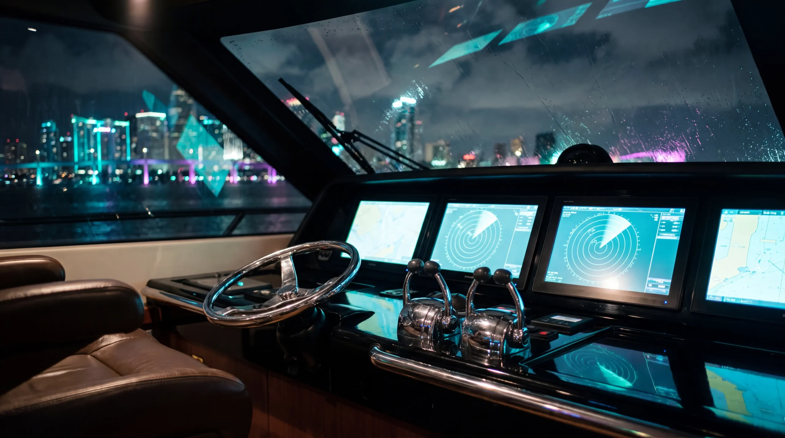 Yacht glass bridge helm at night with glowing multifunction displays and the Miami skyline beyond