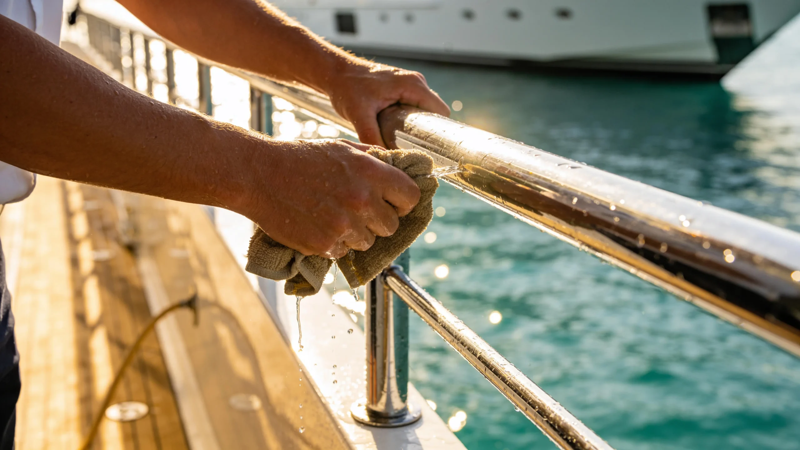 Deckhand's hands wringing a chamois over polished stainless steel yacht rails at golden hour