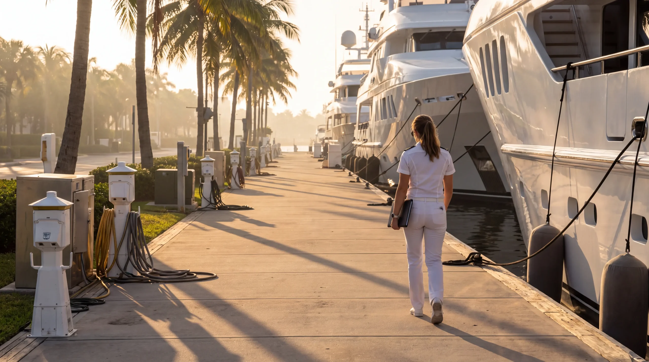 Yacht crew member in whites walking a Fort Lauderdale megayacht dock at sunrise with CVs
