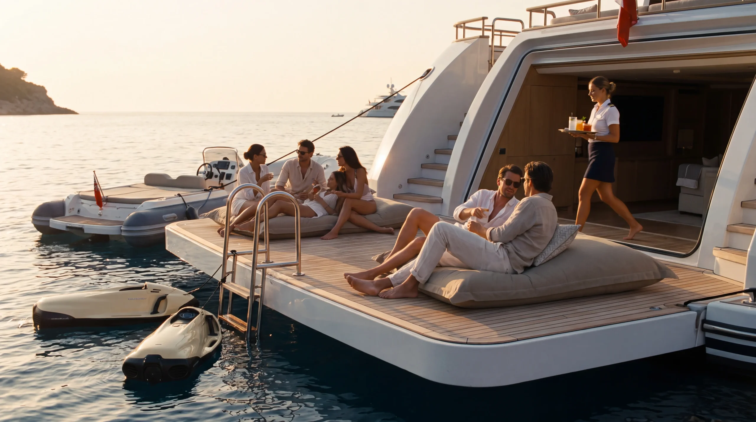 Guests on the swim platform of a superyacht anchored in a turquoise Mediterranean cove