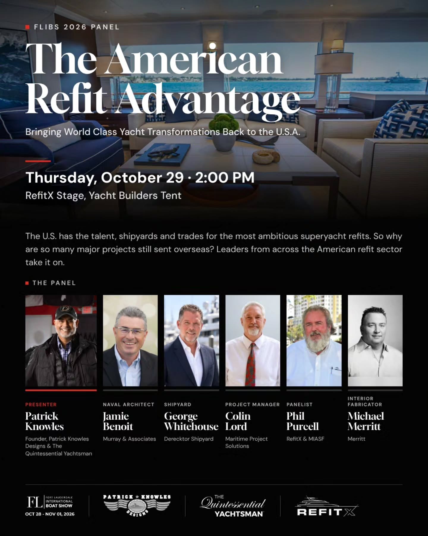 Official flyer for The American Refit Advantage panel, Thursday October 29 at 2 PM, RefitX Stage, Yacht Builders Tent