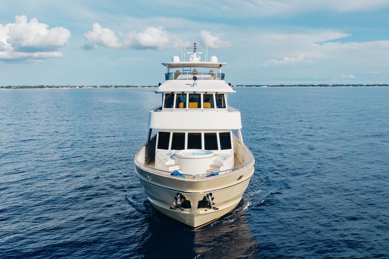Aurelia, President 87 motor yacht, bow-on aerial view with the foredeck Jacuzzi