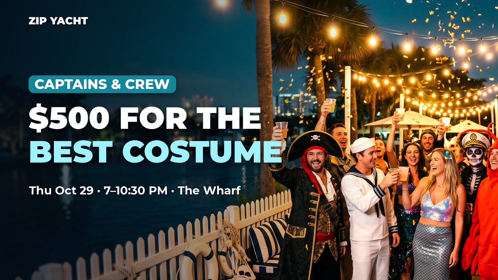 Yacht crew in Halloween costumes toasting at a riverfront party, with the headline $500 for the best costume
