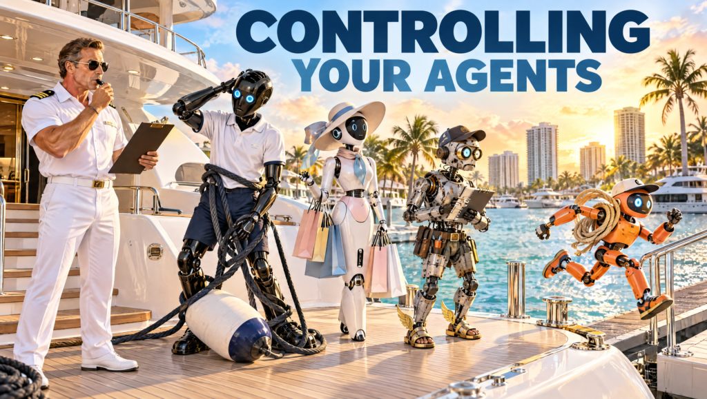 A yacht captain with a whistle and clipboard inspects four very different robot deckhands on a superyacht aft deck at a Fort Lauderdale marina.