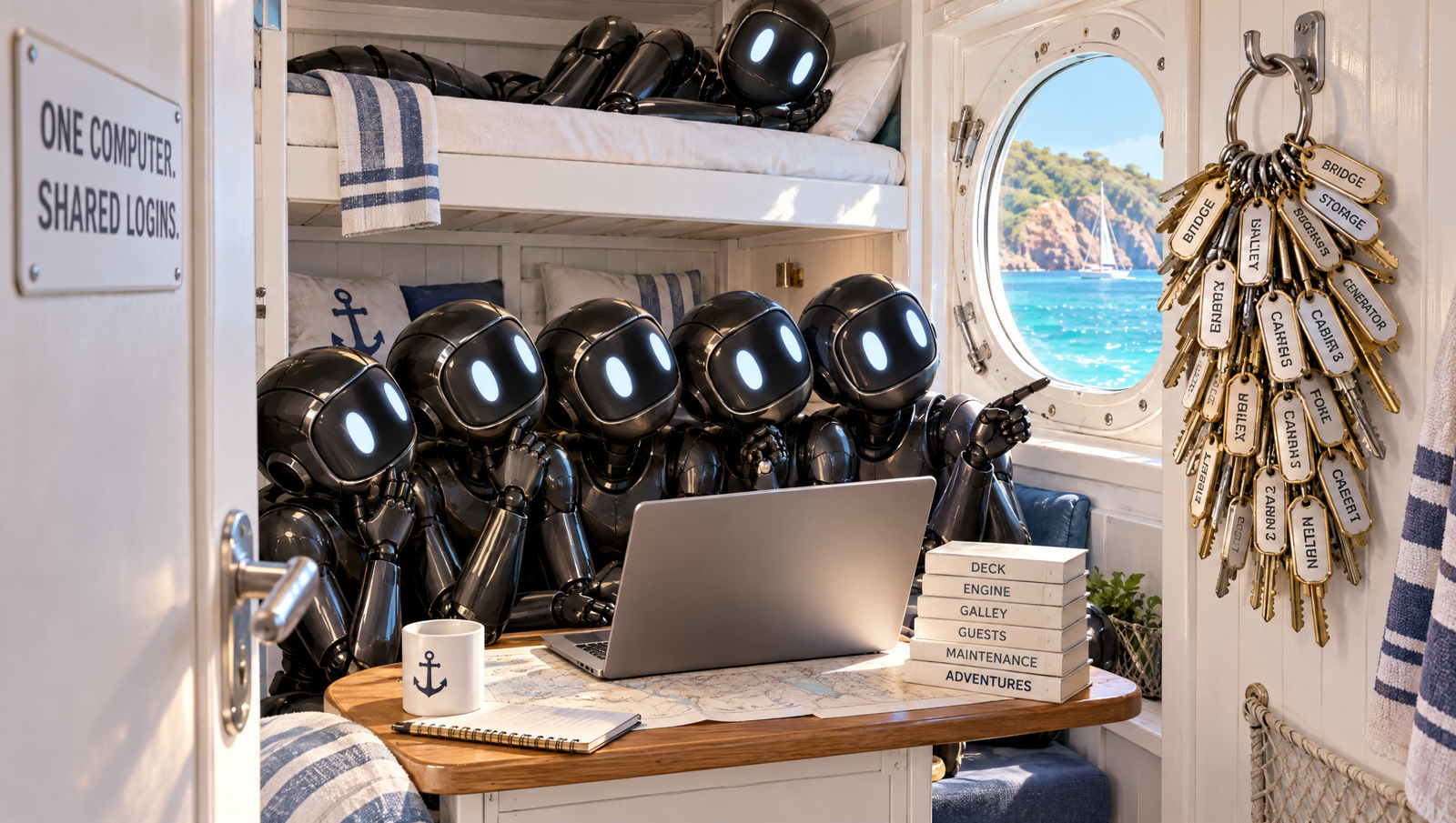 Several identical robots crammed into one yacht crew cabin sharing a single laptop and one big key ring.