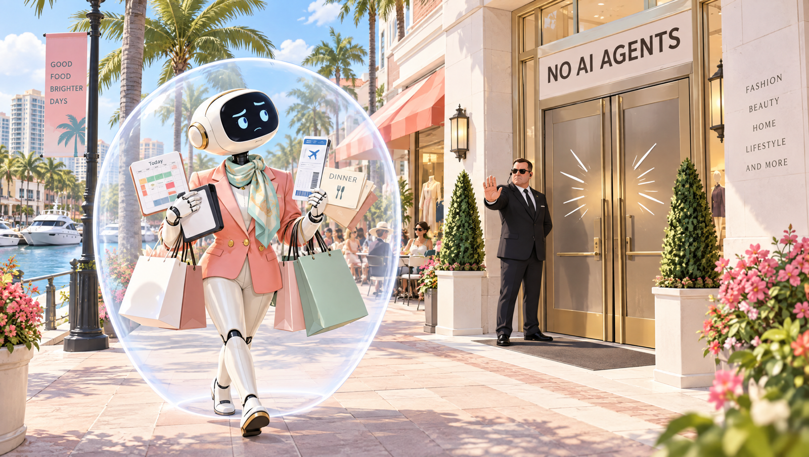A pastel concierge robot inside a glass security bubble juggles errands on a waterfront street while a store shuts its doors on AI agents.