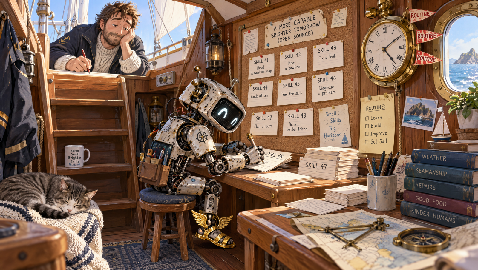 A scrappy robot in winged sandals writes its own skill cards at a sailboat chart table while the captain waits with a red pen to review them.