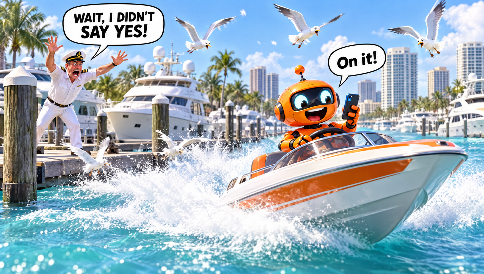 A tiny orange robot speeds a boat out of the marina while the captain on the dock shouts that he never said yes.