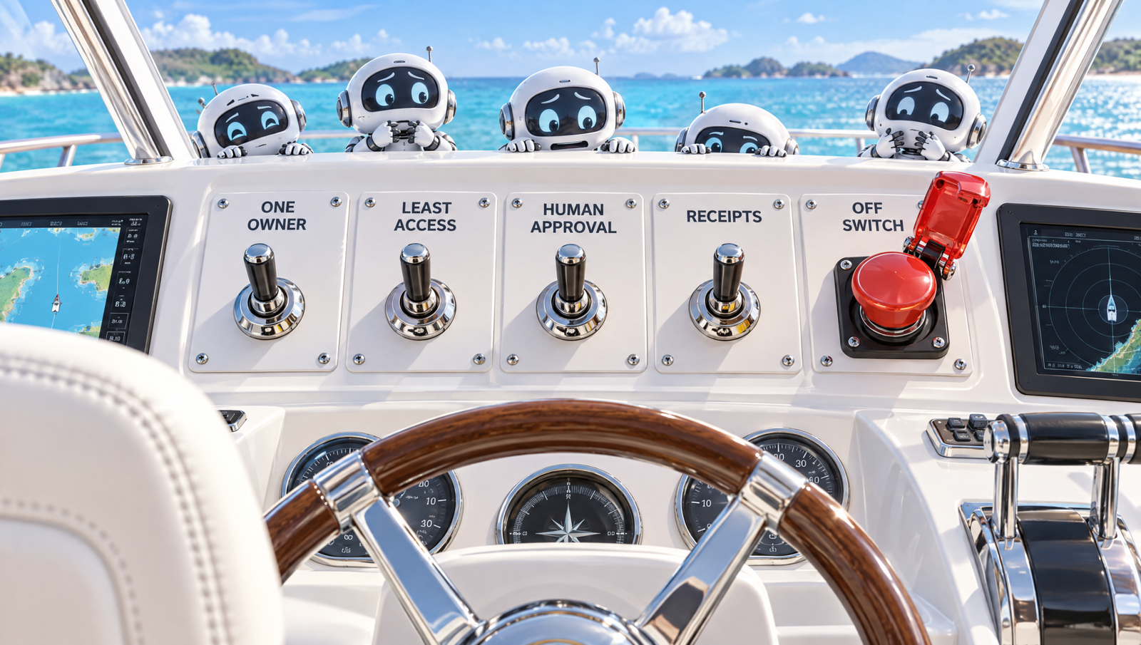 A yacht helm panel with five labeled switches: one owner, least access, human approval, receipts and a red off switch.