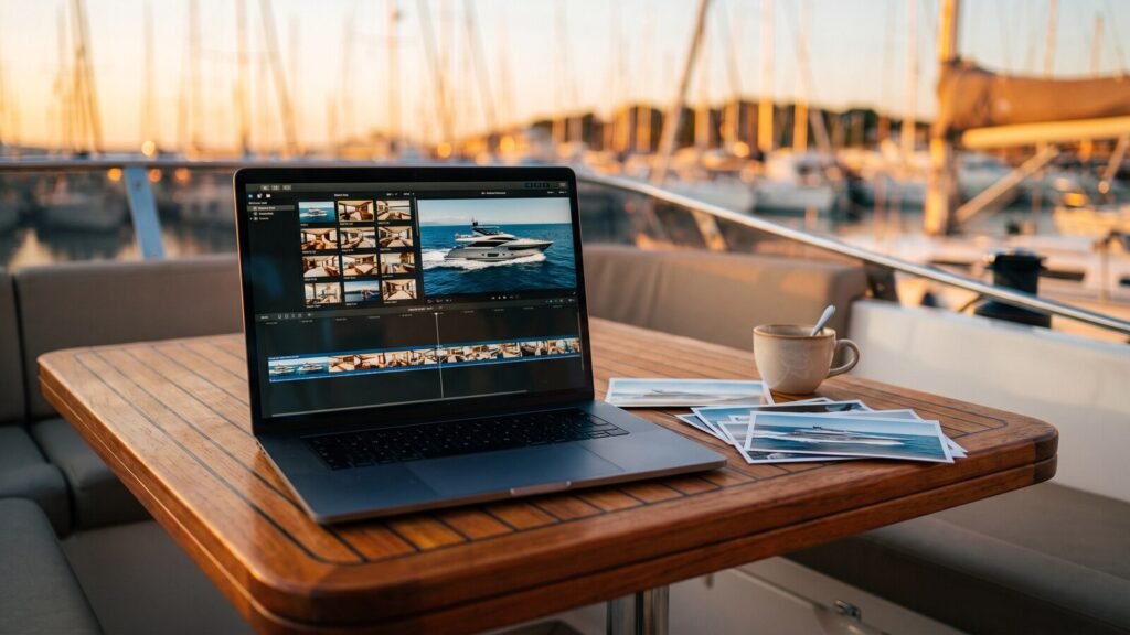 Laptop on a teak cockpit table at sunset showing a video edit timeline built from yacht listing photos