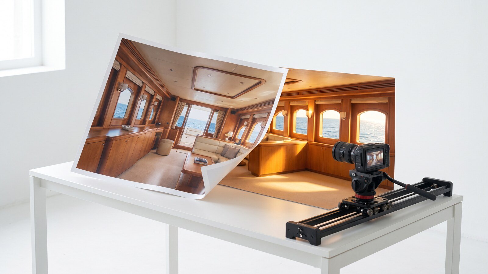 Illustration of a yacht salon photo unfolding into a real room with a cinema camera