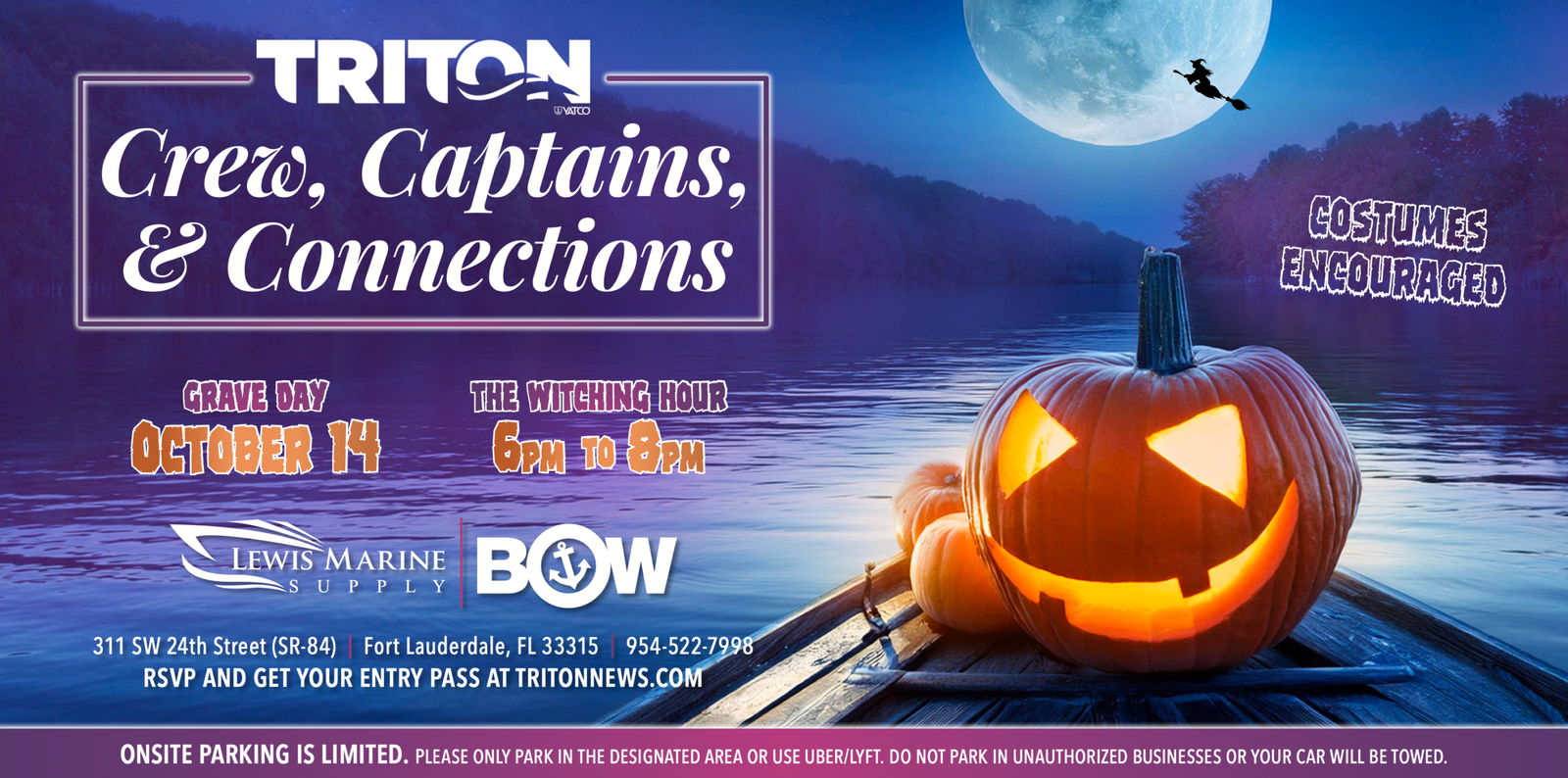 The Triton FLIBS Kickoff Halloween Party flyer, Oct 14 2026 at Boat Owners Warehouse on SR 84