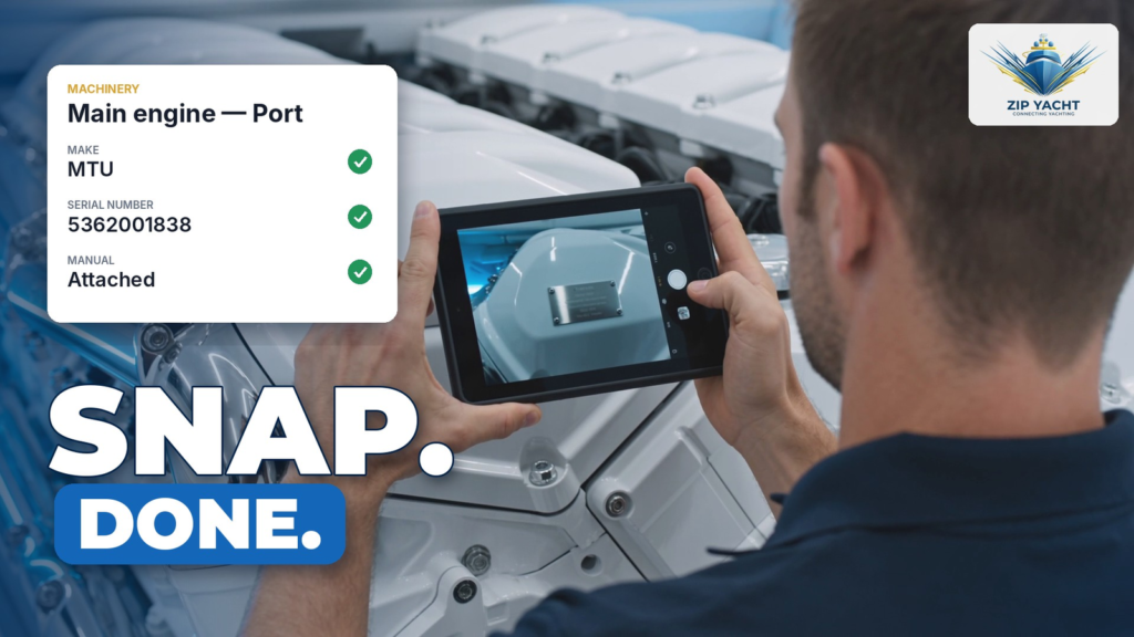 Engineer photographing the nameplate on a superyacht main engine with a tablet while the ZipYacht Management card fills in make, model and serial number
