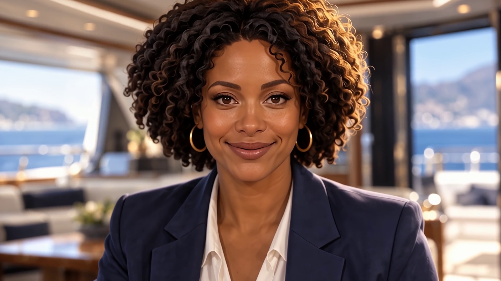 Molly, ZipYacht's AI yacht management character, smiling in a yacht salon