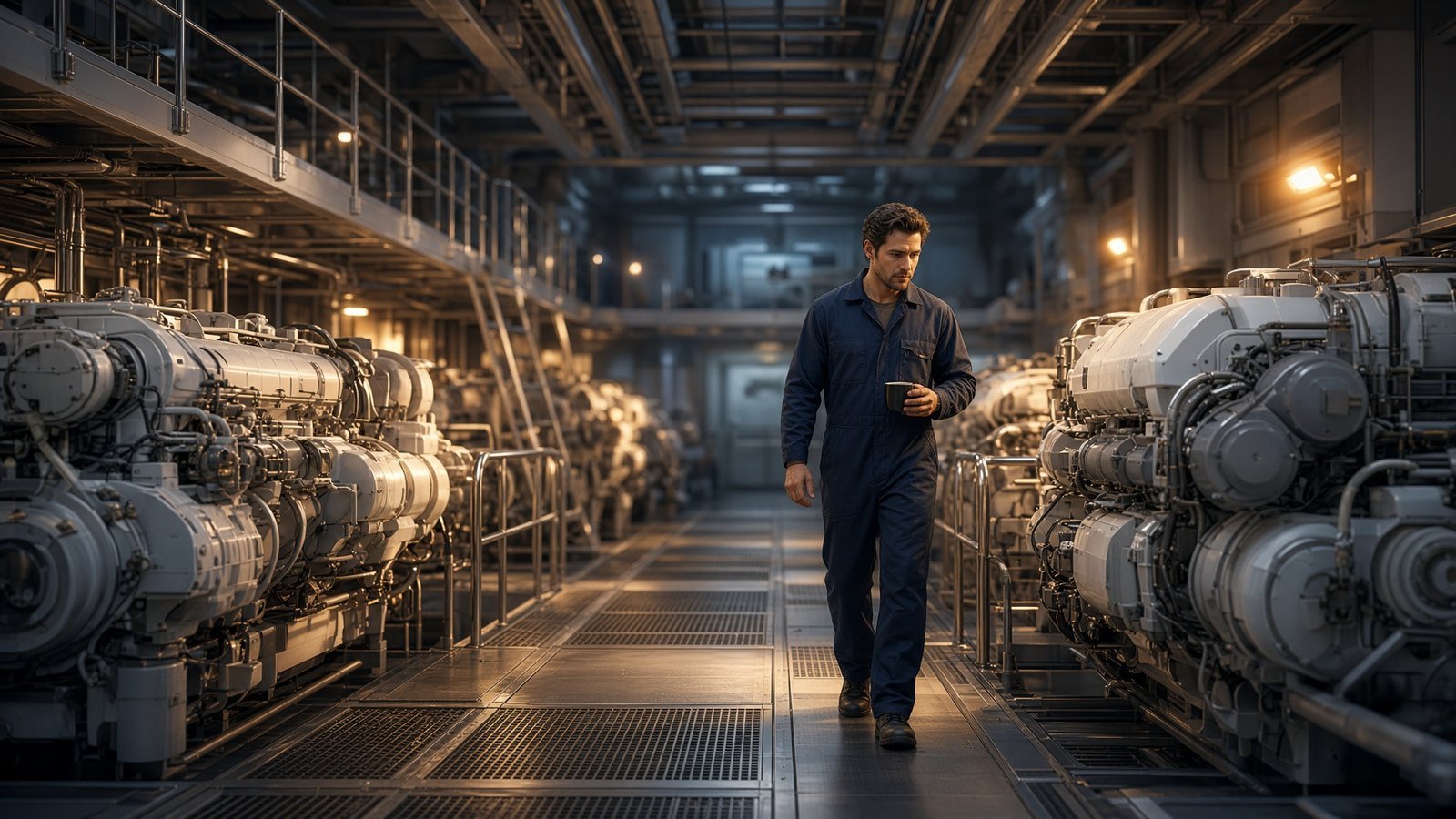 Yacht engineer walking into a superyacht engine room at dawn with a coffee