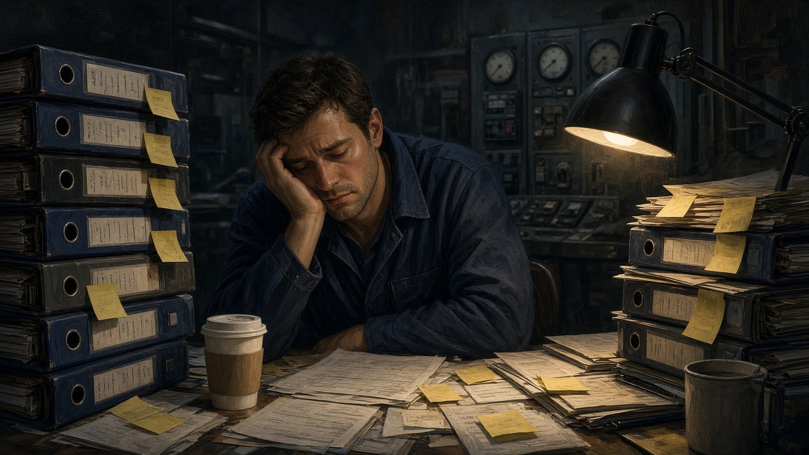 Tired yacht engineer buried in binders, papers and sticky notes late at night