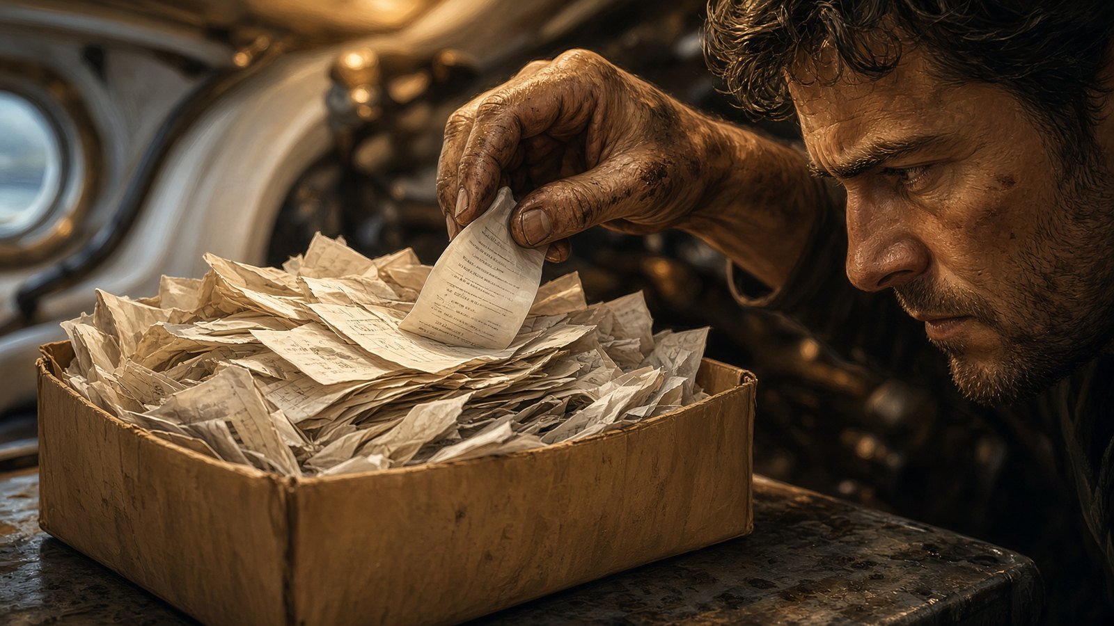 Engineer dropping another receipt into an overflowing shoebox of invoices