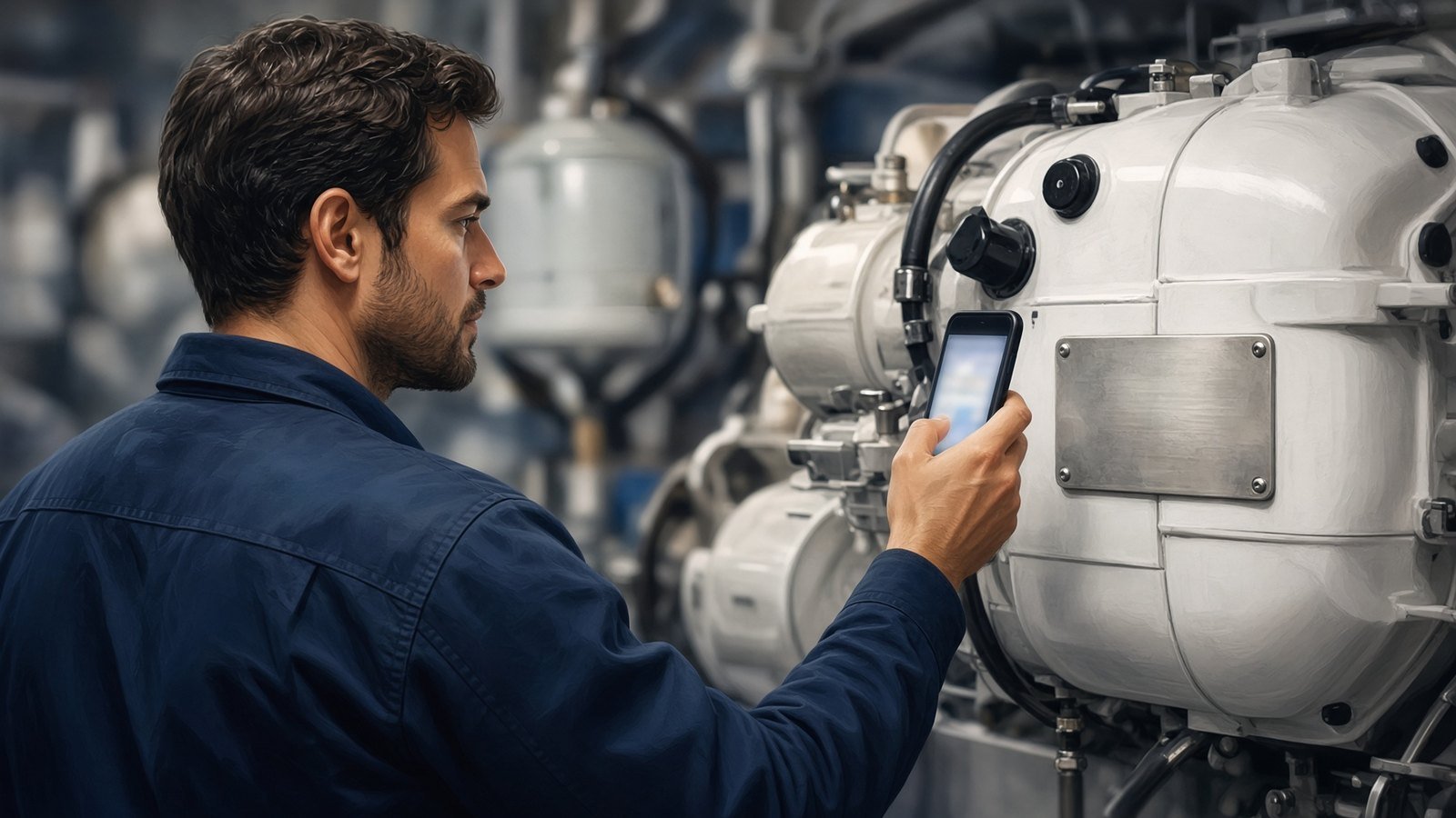 Yacht engineer photographing the nameplate on a main engine with his phone