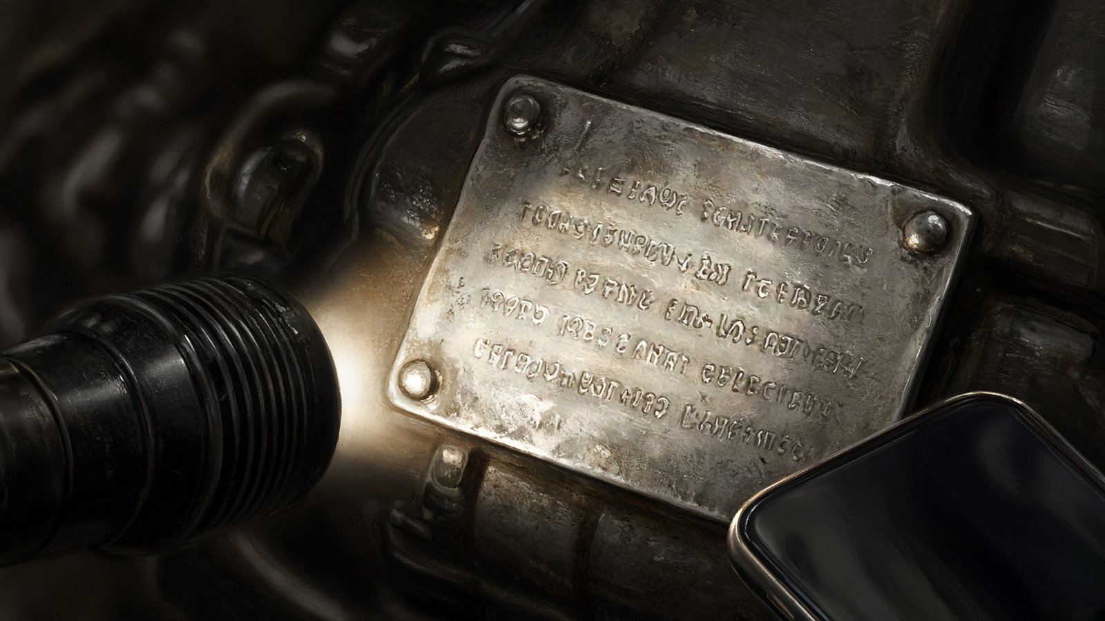Close-up of a stamped steel serial plate on a marine engine lit by a flashlight