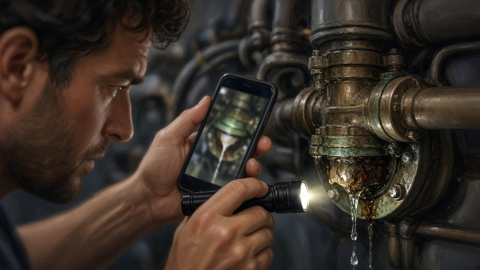 Engineer photographing a leaking, corroded pipe fitting with his phone and a flashlight