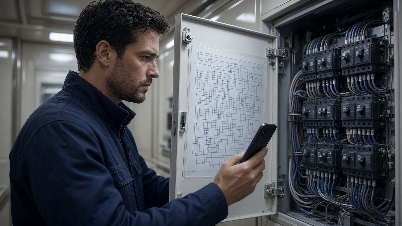 Engineer photographing the wiring diagram inside an open electrical panel door