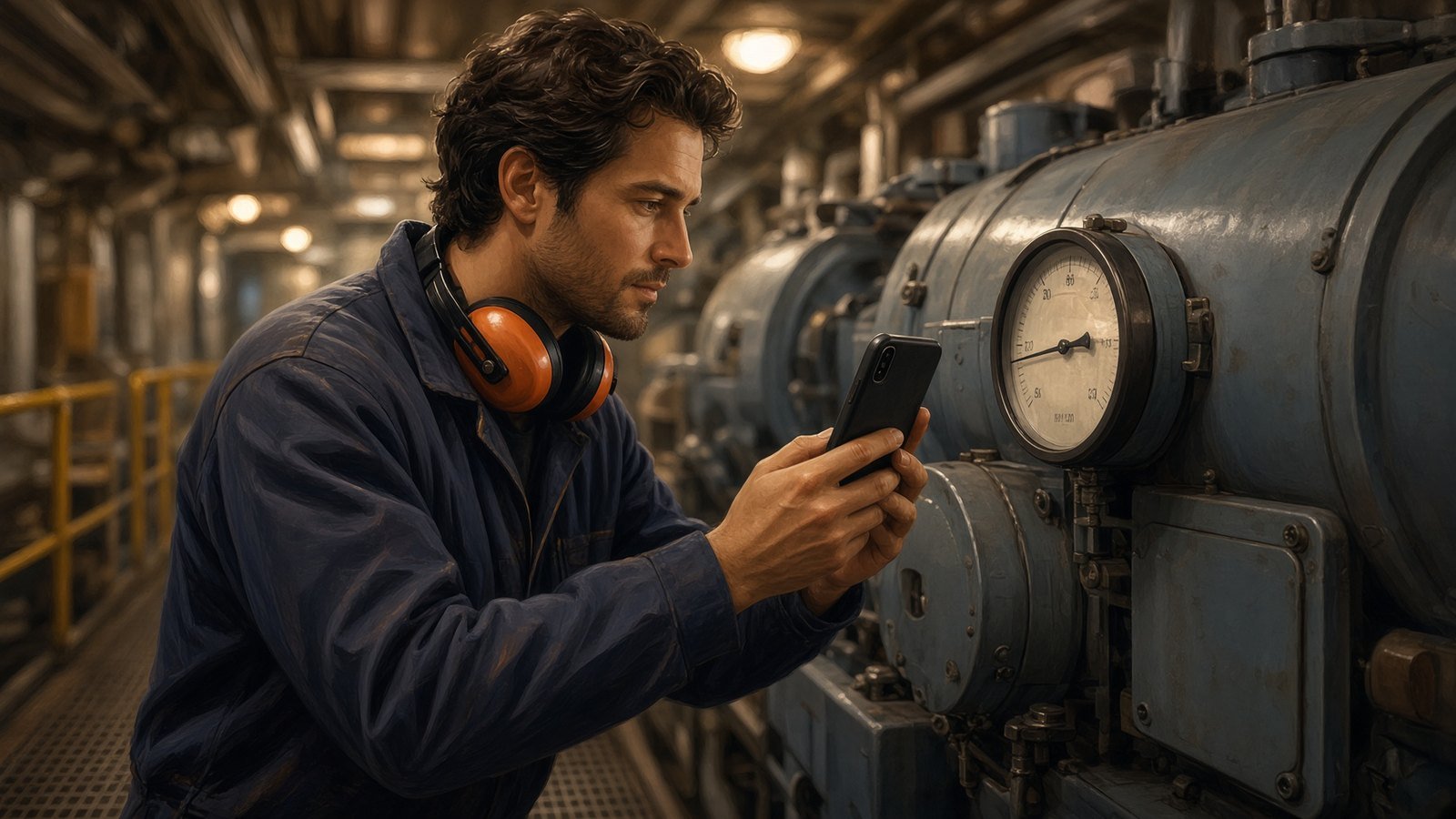 Engineer on rounds photographing a generator hour meter